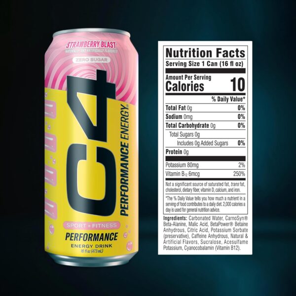 Cellucor C4 Performance Energy Drink | Strawberry Blast | Zero Sugar Carbonated Preworkout Energy | 200mg Caffeine with Beta Alanine | 16 Fl Oz (12 Pack) - Image 2
