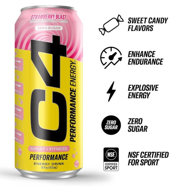 Cellucor C4 Performance Energy Drink | Strawberry Blast | Zero Sugar Carbonated Preworkout Energy | 200mg Caffeine with Beta Alanine | 16 Fl Oz (12 Pack) - Image 3