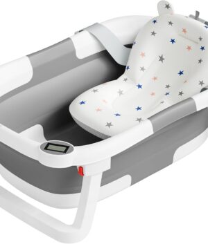 Collapsible Baby Bathtub,Baby Bath Tub with Soft Cushion & Thermometer,Baby Bathtub Newborn to Toddler 0-36 Months,Portable Travel Baby Tub